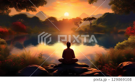 yoga woman on the river 129869108
