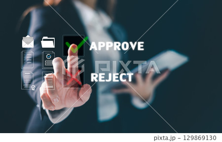 Digital interface designed for business automation, concept of document review is visualized by finger pressing green check mark icon, symbolizing approval or rejection ideal decision making workflow Digital interface designed for business automation, concept of document review is visualized by finger pressing green check mark icon, symbolizing approval or rejection ideal decision making workflow 129869130