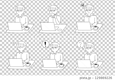 Various facial expressions and reaction sets of a man wearing glasses working on a computer Various facial expressions and reaction sets of a man wearing glasses working on a computer 129869226