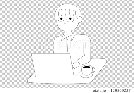 Illustration of a man with glasses and a laptop Illustration of a man with glasses and a laptop 129869227