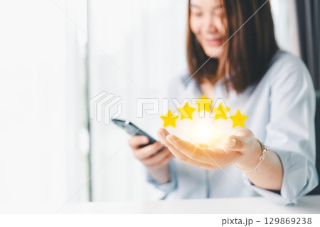 Customer or client with stars to complete five stars. Product or service review ideas from customer, reviews from customer and service of store to express satisfaction, increase credibility of store. Customer or client with stars to complete five stars. Product or service review ideas from customer, reviews from customer and service of store to express satisfaction, increase credibility of store. 129869238