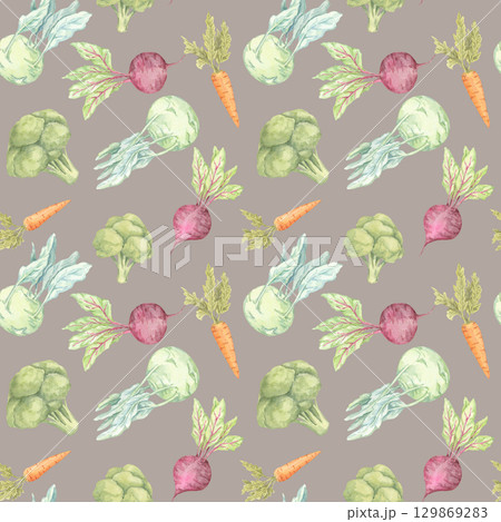 Beetroot, kohlrabi, and broccoli in watercolor clipart style on warm muted background. Seamless vegetable pattern suitable for culinary notebooks, cloth bags, and sustainable wraps Beetroot, kohlrabi, and broccoli in watercolor clipart style on warm muted background. Seamless vegetable pattern suitable for culinary notebooks, cloth bags, and sustainable wraps 129869283