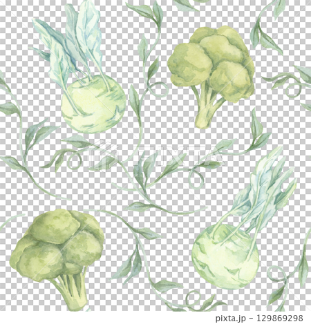 Watercolor clipart of green kohlrabi and broccoli with curly stems in a flowing layout. Seamless pattern illustration suitable for culinary gift wrap, fabric design, and packaging 129869298