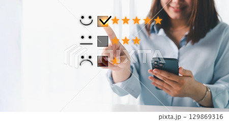 Customer service evaluation concept. Client feedback from marketing survey excellent service and quality satisfaction, customers can evaluate quality of service leading to business reputation rating. Customer service evaluation concept. Client feedback from marketing survey excellent service and quality satisfaction, customers can evaluate quality of service leading to business reputation rating. 129869316