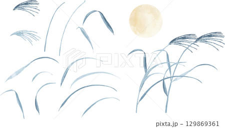 水彩で描いたススキのシルエットと満月の素材イラスト 水彩で描いたススキのシルエットと満月の素材イラスト 129869361