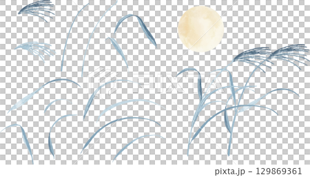 Watercolor illustration of silver grass silhouette and full moon Watercolor illustration of silver grass silhouette and full moon 129869361