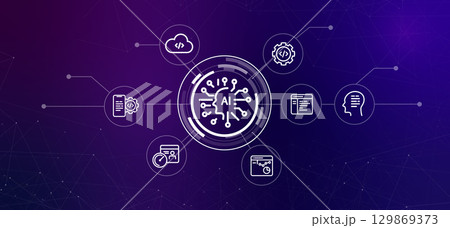 artificial intelligence in coding and software development icons representing software related concepts AI assisted programming cloud development and the future of software engineering artificial intelligence in coding and software development icons representing software related concepts AI assisted programming cloud development and the future of software engineering 129869373