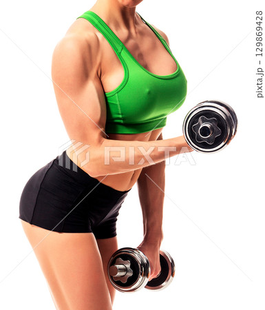 fitness woman with barbells on white background, isolated fitness woman with barbells on white background, isolated 129869428