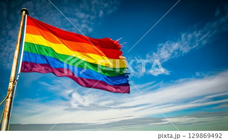 破けて朽ちた古いレインボー・フラッグ。 129869492