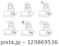 パソコン作業中の眼鏡の女性の様々な表情とリアクションセット 129869536