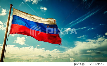 破けて朽ちた古いロシアの国旗。 破けて朽ちた古いロシアの国旗。 129869547