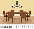 Dining area for a large company with a beautiful chandelier 129869549