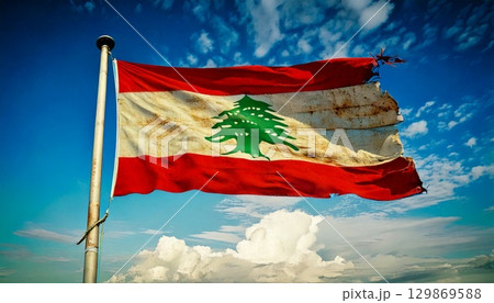 破けて朽ちた古いレバノンの国旗。 破けて朽ちた古いレバノンの国旗。 129869588