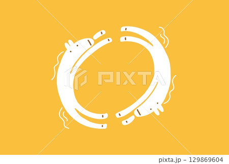 円を描いて走る2匹のかわいい白馬のシンプルな年賀状イラスト　フレーム　2026・黄色 129869604