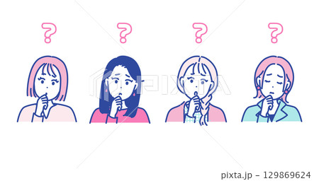 悩むポーズをとる女性のイラスト素材 129869624