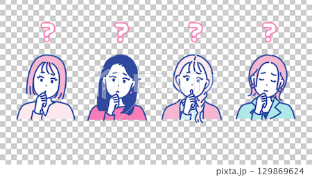 悩むポーズをとる女性のイラスト素材 129869624