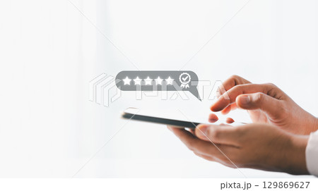 Customer or client with stars to complete five stars. Product or service review ideas from customer, reviews from customer and service of store to express satisfaction, increase credibility of store. 129869627