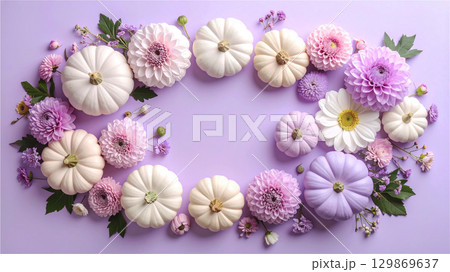 ハロウィン 紫色背景のお花とかぼちゃのフレーム ハロウィン 紫色背景のお花とかぼちゃのフレーム 129869637