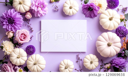 ハロウィン 紫色背景のお花とかぼちゃのフレーム ハロウィン 紫色背景のお花とかぼちゃのフレーム 129869638