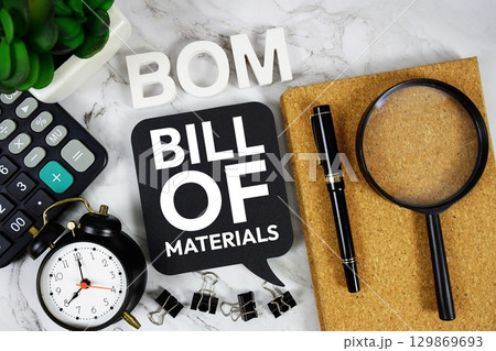 BOM Bill Of Materials acronym with calculator, alarm clock and magnifying glass, Business concept background 129869693
