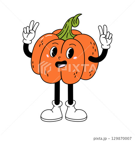 Groovy pumpkin character stands with arms raised making peace signs. Hand drawn vector illustration in modern retro style. 129870007