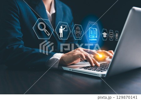 Concept of online education, e-learning, digital courses, leverages internet to provide training supports personal development professional qualifications, helping individuals develop new skills. Concept of online education, e-learning, digital courses, leverages internet to provide training supports personal development professional qualifications, helping individuals develop new skills. 129870141