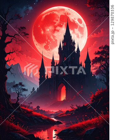古い城と赤い星空と満月の不思議な夜　ai生成画像 129870336