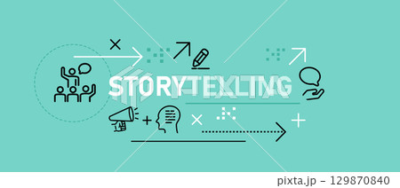 Storytelling banner graphic illustration representing public speaking communication and creative writing header brand narrative content creation by story teller 129870840