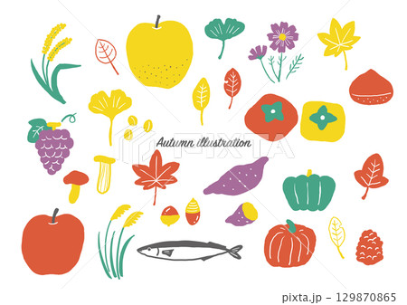 秋の手描きイラストセット（カラー） 129870865