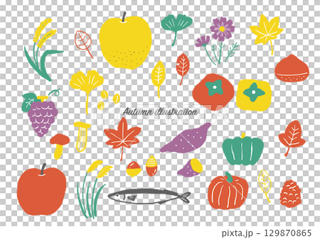 秋の手描きイラストセット（カラー） 129870865