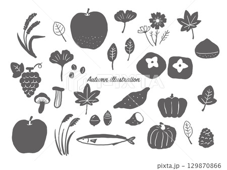 秋の手描きイラストセット（モノクロ） 129870866