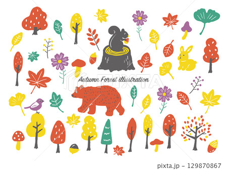 秋の森手描きイラストセット(カラー) 秋の森手描きイラストセット(カラー) 129870867