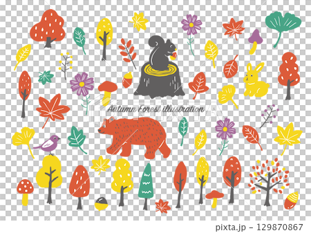 秋の森手描きイラストセット(カラー) 秋の森手描きイラストセット(カラー) 129870867