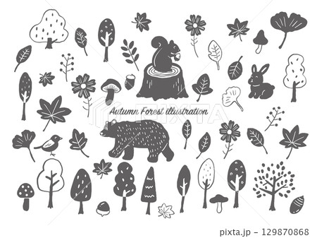 秋の森手描きイラストセット(モノクロ) 秋の森手描きイラストセット(モノクロ) 129870868