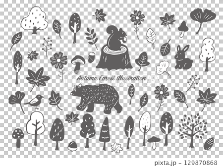秋の森手描きイラストセット(モノクロ) 秋の森手描きイラストセット(モノクロ) 129870868