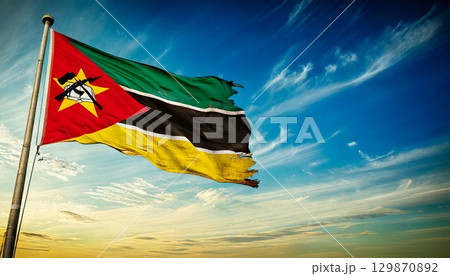 破けて朽ちた古いモザンビークの国旗。 129870892