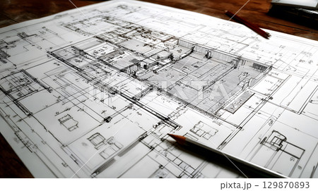 Technical construction blueprint in black and white lines. plan for building architecture and engineering design. 129870893