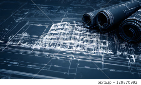 Technical construction blueprint in black and white lines. plan for building architecture and engineering design. 129870992