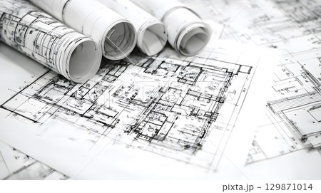 Technical construction blueprint in black and white lines. plan for building architecture and engineering design. 129871014