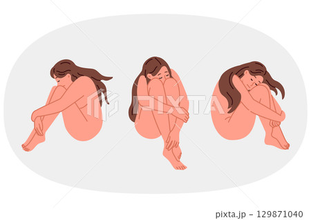 Depression in girl sitting without clothes and experiencing stress caused by breaking with boyfrien Depression in girl sitting without clothes and experiencing stress caused by breaking with boyfrien 129871040