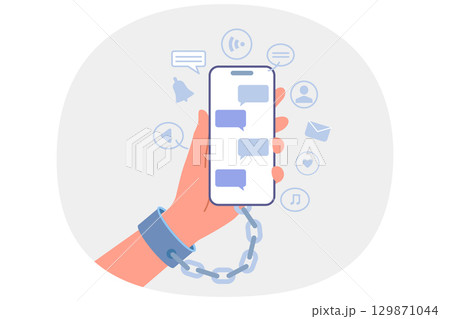 Nomophobia in person, chained to phone due to fear of parting with mobile gadget 129871044