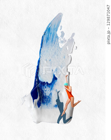 Bold colorful poster. Female swimmer diving into splash of blue water on white surface 129871047