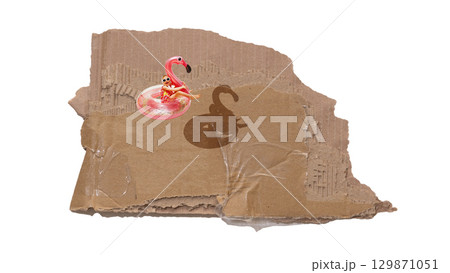 Creative collage. Girl in flamingo float smiling on cardboard surface shadow play 129871051