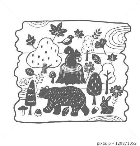 秋の森手描きイラスト（モノクロ・背景付き） 129871052