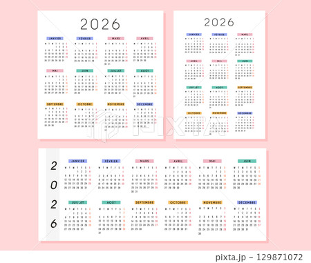 Set of 2026 French calendar in modern square, horizontal and portrait size design with colorful monthly headers. Minimal typography, clean layout. Printable yearly planner template in French language. Set of 2026 French calendar in modern square, horizontal and portrait size design with colorful monthly headers. Minimal typography, clean layout. Printable yearly planner template in French language. 129871072
