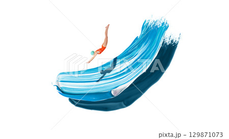 Graphic composition. Diver in orange swimsuit diving along painted water curve Graphic composition. Diver in orange swimsuit diving along painted water curve 129871073