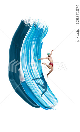 Creative digital artwork. Male swimmer leaping with joy over painted blue wave Creative digital artwork. Male swimmer leaping with joy over painted blue wave 129871074