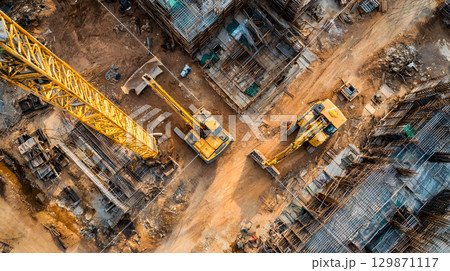 Construction site with crane, excavator, and scaffolding. design for building and development projects top view. 129871117