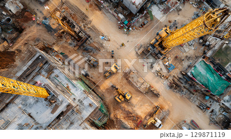 Construction site with crane, excavator, and scaffolding. design for building and development projects top view. 129871119