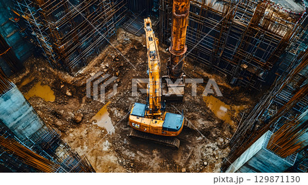 Construction site with crane, excavator, and scaffolding. design for building and development projects top view. Construction site with crane, excavator, and scaffolding. design for building and development projects top view. 129871130
